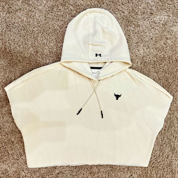 Under Armour Women’s Project Rock Cream Short Sleeve Hoodie Sweatshirt Sz Large - Picture 7 of 11